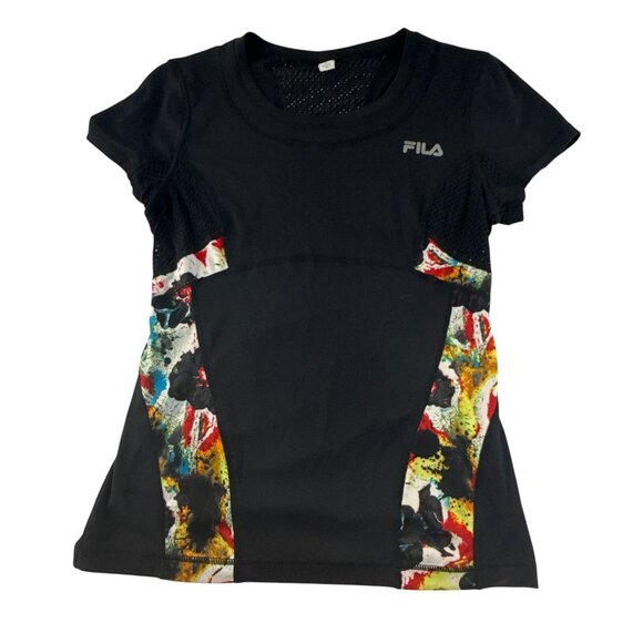 Fila Sport Women's Medium Black Athletic T Shirt Mesh Panels Paint Splatter Prin - Picture 3 of 8